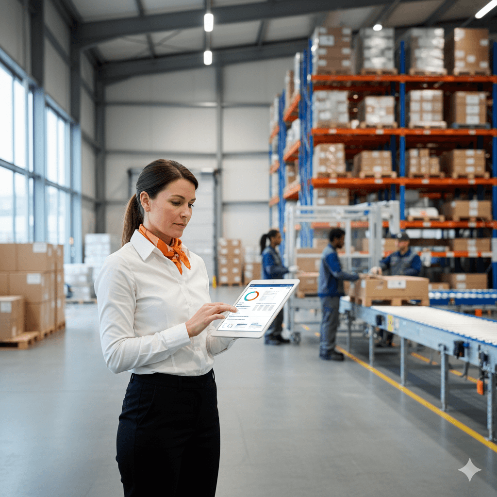 Hiring manager in a warehouse environment reviewing staffing and candidates